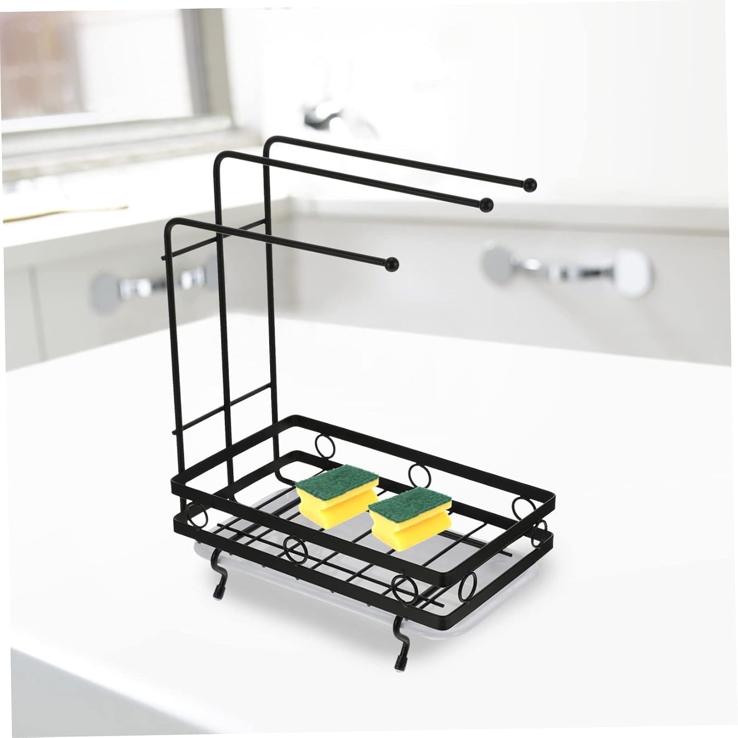 SOLUSTRE Dual-Purpose Wall-Mounted Sponge Rack Black 3-Rod Dishcloth Holder Kitchen Draining Rack for Sponge and Rags Space-Saving Design for Cleaning Supplies