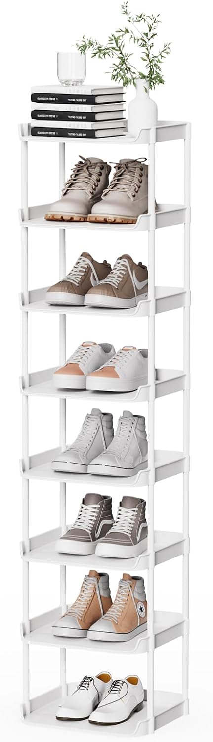 6 Tier Vertical Narrow Shoe Rack, Stackable Tall Skinny Shoerack, Compact Single Shoes Storage Tower for Slim Space, Corner Plastic Shelves, for Hallways, Entryway, Bedrooms Organizer, Black