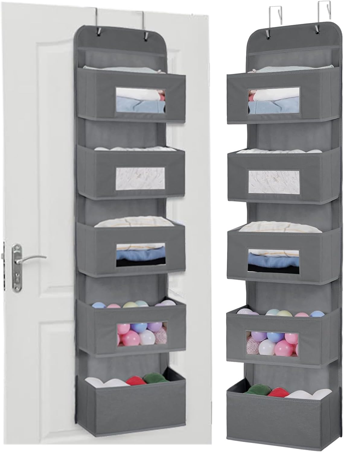 MAX Houser 4-Shelf Over The Door Hanging Organizer with 2 Metal Hooks, Gray | 4 Pocket Swing-proof Behind Door Organizers with Clear Windows for Bathroom Closet, Dorm