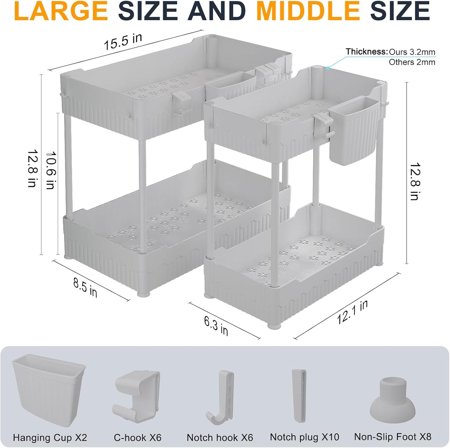 Sevenblue 2 Pack Under Sink Organizer, Under Bathroom Cabinet Organizer with Hooks Hanging Cup, Multi-Purpose Storage Shelf for Kitchen Bathroom, Black