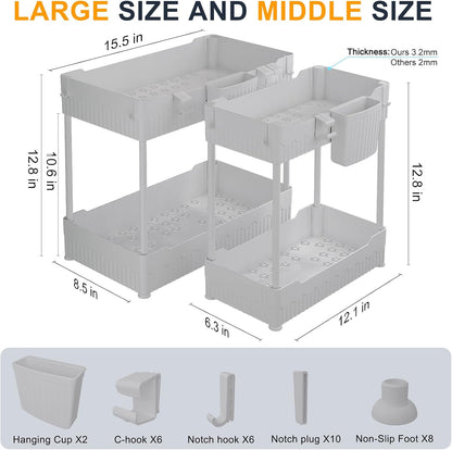 Sevenblue 2 Pack Under Sink Organizer, Under Bathroom Cabinet Organizer with Hooks Hanging Cup, Multi-Purpose Storage Shelf for Kitchen Bathroom, Black