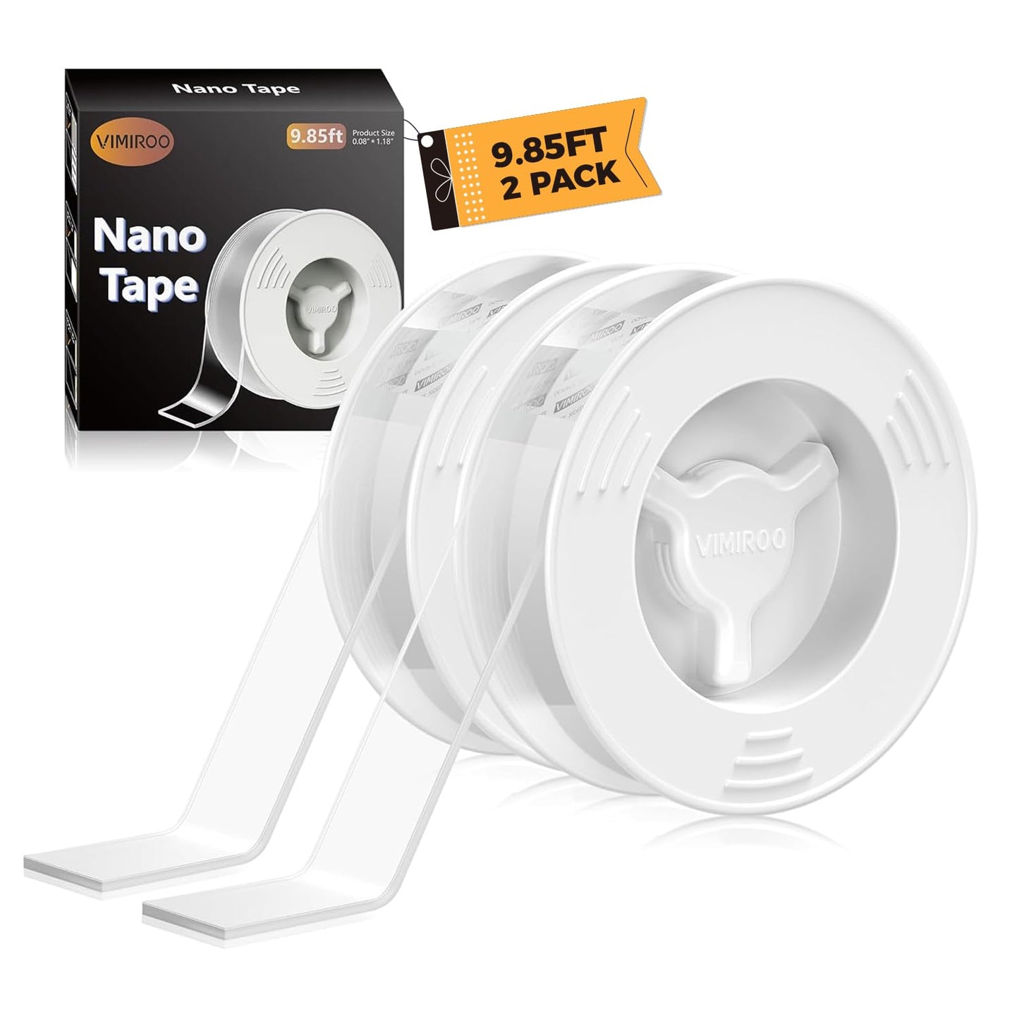 vimiroo Double Sided Tape Heavy Duty, Extra Large 9.85FT Nano Tape Double Sided Mounting Tape, Reusable Removable Transparent Wall Adhesive Strips for Poster Carpet, 2 Pack