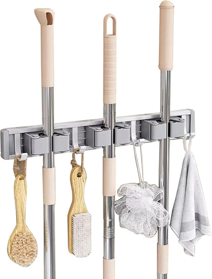 Broom Holder Wall Mount Movable Hooks and Clips Mop and Broom Hanger Wall Mounted Aluminum Garage Tool Organizer Storage Adhesive (Silver: 5 clips with 6 hooks)