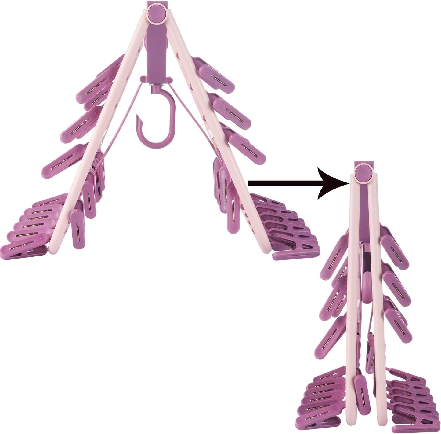 Foshine Foldable Clip Hangers Plastic Blue with 32Pcs Drying Clips | Drip Hanger Foldable Wind-Proof Hook For Underwear Socks Bras Lingerie Clothes