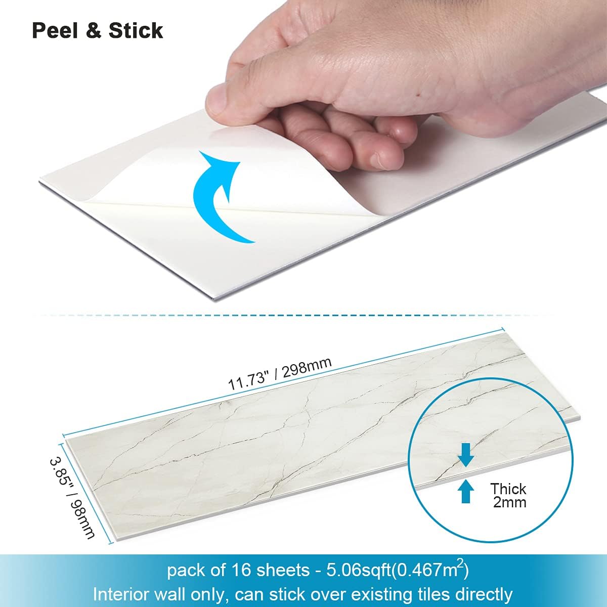 BeNice Peel and Stick Backsplash for Kitchen Tile,Peel and Stick Tiles for Walls Tile Stickers Waterproof Marble Tile Backsplash 3.85"x11.73"(16Tiles) White Gray