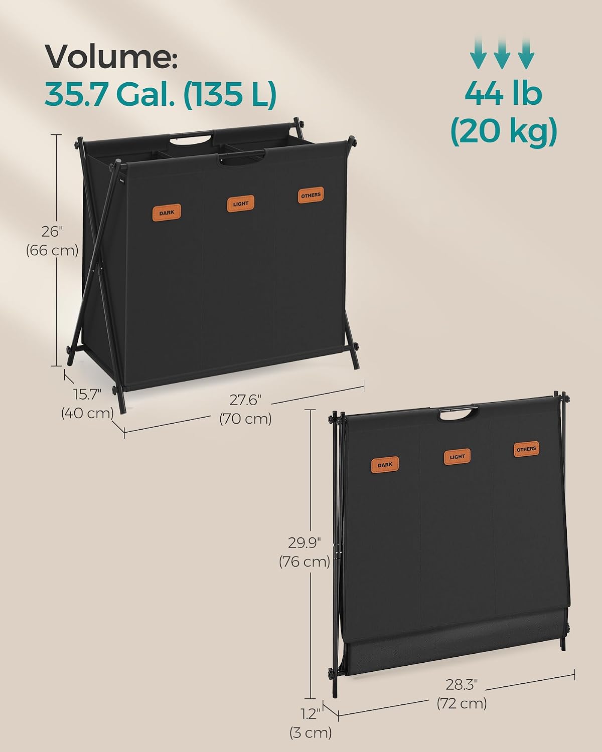 SONGMICS Laundry Hamper, Laundry Basket, 35.7 Gal. Laundry Sorter 3 Sections, Collapsible X-Frame, Clothes Organizer with Customizable Labels, Laundry Room, Bedroom, Bathroom, Slate Gray ULCB130G01