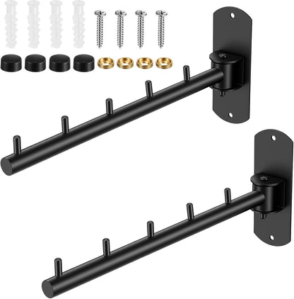 2-Pack Folding Wall Mounted Clothes Hanger Rack, 180° Swing Arm Space Saving Drying Rack, Heavy Duty Stainless Steel Hook for Laundry Room, Bathroom, Closet - Black