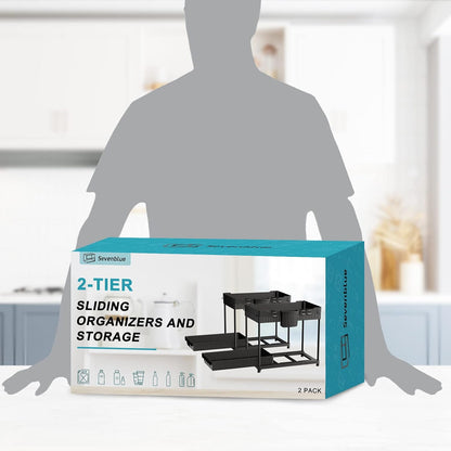 Sevenblue 3 Pack Multi-Purpose Pull-Out Storage Organizers, 2-Tier L-Shaped Under Sink/Cabinet Organizers and Storage for Bathroom & Kitchen, (Black, 12.85 Inches)