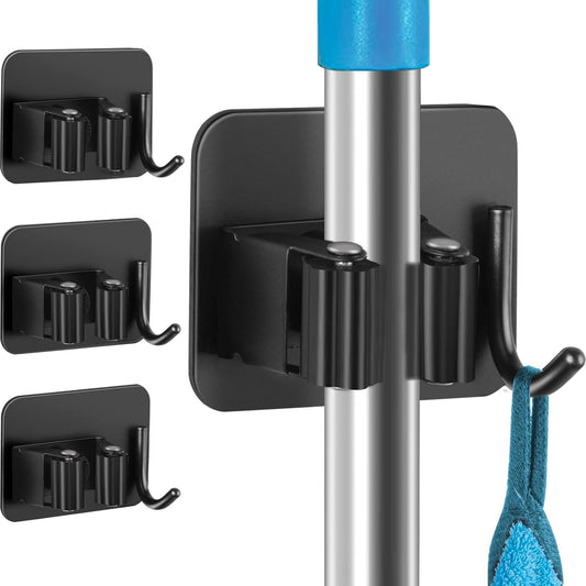 4 Pack Anti-Slip Broom Holder, Space-Saving, Damage-Free Wall Mount, Stainless Steel, Black