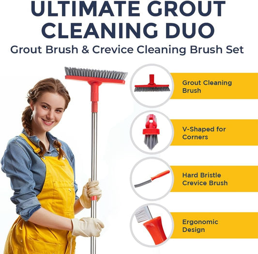 Shower Scrubber with Long Handle, Stiff Bristles Grout-Brush, Tub Scrub-Brush with Long-Handle, Shower-Cleaner Brush, Grout Cleaning Brush for Tile floors, Scouring Pad & Microfiber Cloth for Bathroom