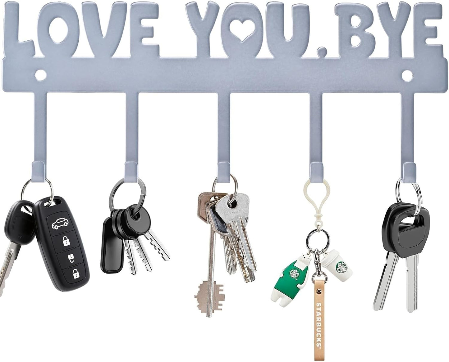 Key Holder Wall Mount, No Drill Adhesive, Black, 5 Hooks | 'Love You.Bye' Entryway Organizer, Metal, 10x4 Inch, Screws Installation