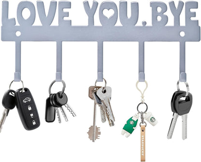 Key Holder Wall Mount, No Drill Adhesive, Black, 5 Hooks | 'Love You.Bye' Entryway Organizer, Metal, 10x4 Inch, Screws Installation