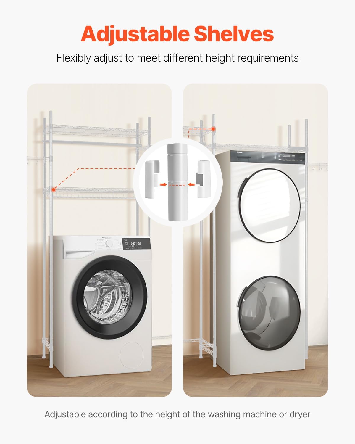 VEVOR Over The Washer and Dryer Storage Shelf, 3 Tier Laundry Room Drying Rack with Hanger Rod and Hooks, Adjustable Over Washer and Dryer Shelves, Laundry Room Shelf Storage Space Saver, Black