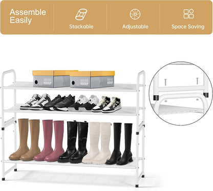 KEETDY 3-Tier Long Shoe Rack for Closet Metal Shoe Organizer for Entryway, Wide Stackable Shoe Storage Shelf with Sturdy Wire Grid for Closet Floor, Bedroom, Black