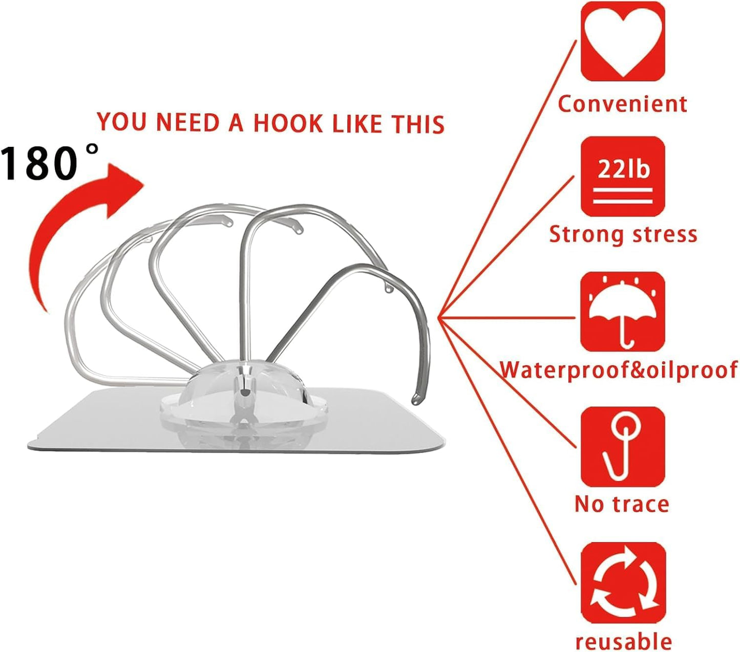 12 Pack Large Adhesive Hooks for 44 lb(Max) Hanging Heavy Duty, Self Adhesive Sticky Hooks Waterproof Stainless Steel Wall Hook for Home Bathroom Shower Kitchen Outdoor Utility Hooks