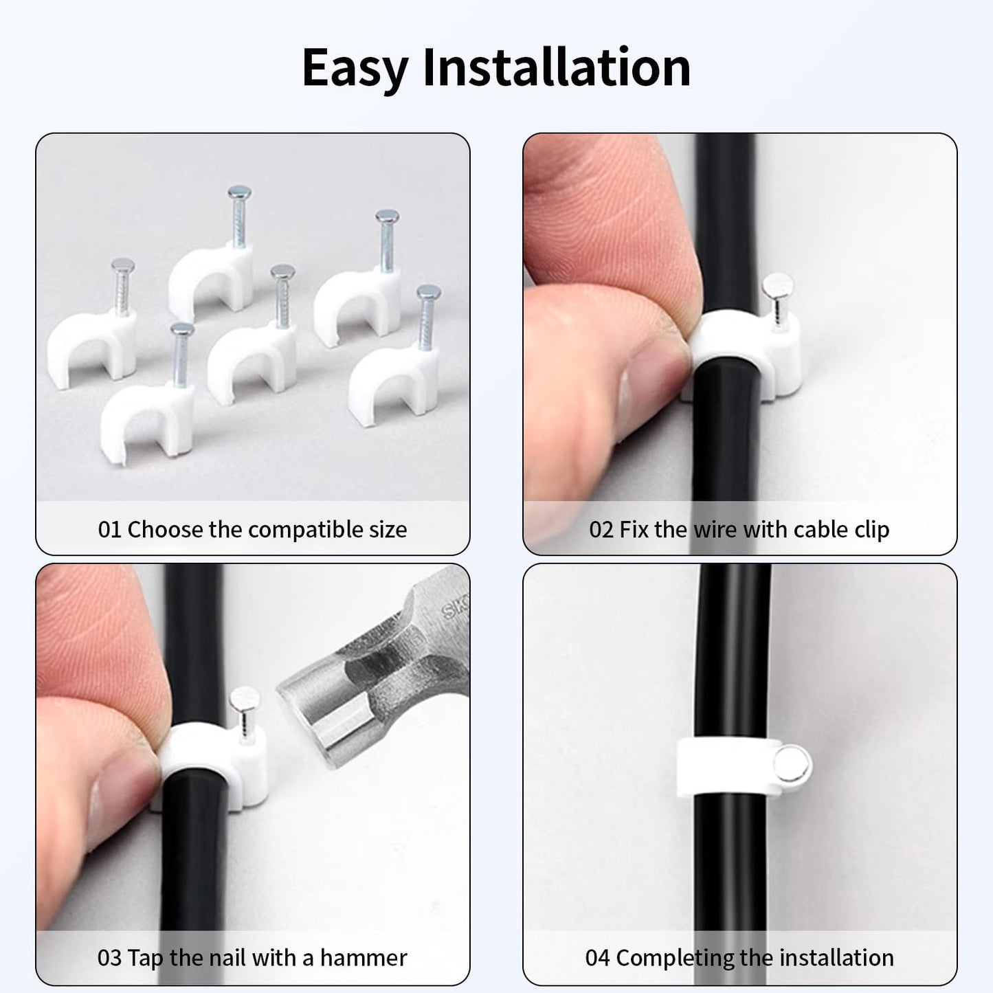 LeMotech Cable Clips, 1000pcs 8mm Wire Wall Clips with Steel Nails, Coaxial Nail Clamps for Cable Cord Management RG6 RG59 CAT5e CAT6 RJ45 Ethernet Cable Clamps, White