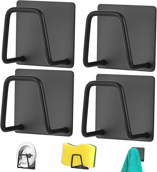 4 Pcs Sponge Holder for Kitchen Sink,SUS304 Stainless Steel Scrubber Hanger Caddy,Adhesive Hanging, Suitable for Kitchen Brush, Dish Rag, Sponge, Gloves, Anti-Rust Coating(Black)