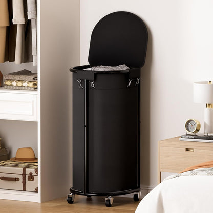 200L Double Laundry Hamper with Lid and Wheels, Large Oval Rolling Laundry Basket 2 section, Sturdy Metal Laundry Cart with 2 Removable Bags, Dirty Clothes Organizer for Home, Dorm, Black