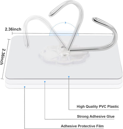 30 Packs Large Adhesive Wall Hooks, Heavy Duty Hold 44lb(Max) Wall Hooks for Hanging, Transparent Waterproof Rustproof Sticky Hooks for Kitchen Bathroom Home Office