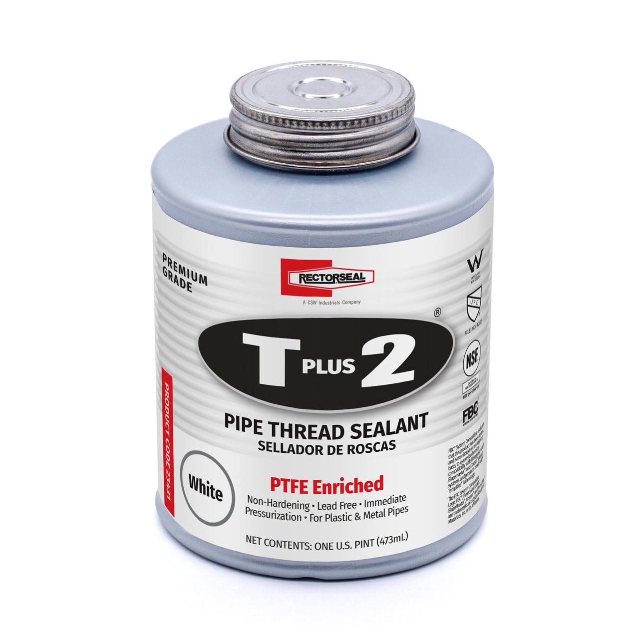 RectorSeal T Plus 2 23710 Pipe Thread Sealant, Non-Hardening, Synthetic Fibers, Contains No Other Metals, PTFE Enriched, Plumbing, 1 3/4 oz.