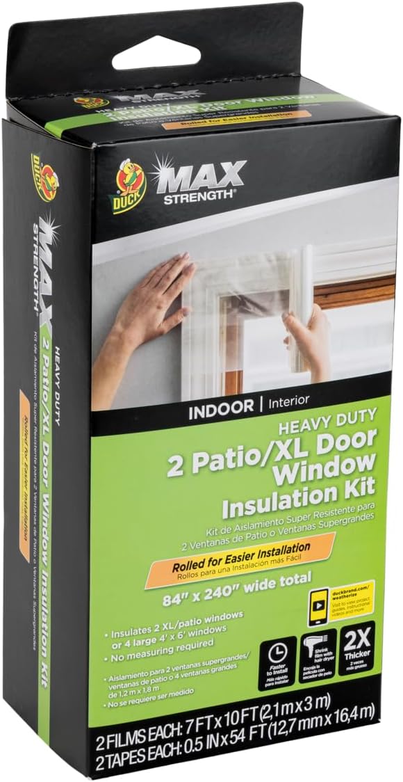 Duck MAX Strength Window Insulation Kit, Winter Window Seal Kit Fits up to 10 Windows, Heavy Duty Shrink Film Cuts to Size for Easy Indoor Installation, Window Tape Included,62 In. x 420 In., Clear