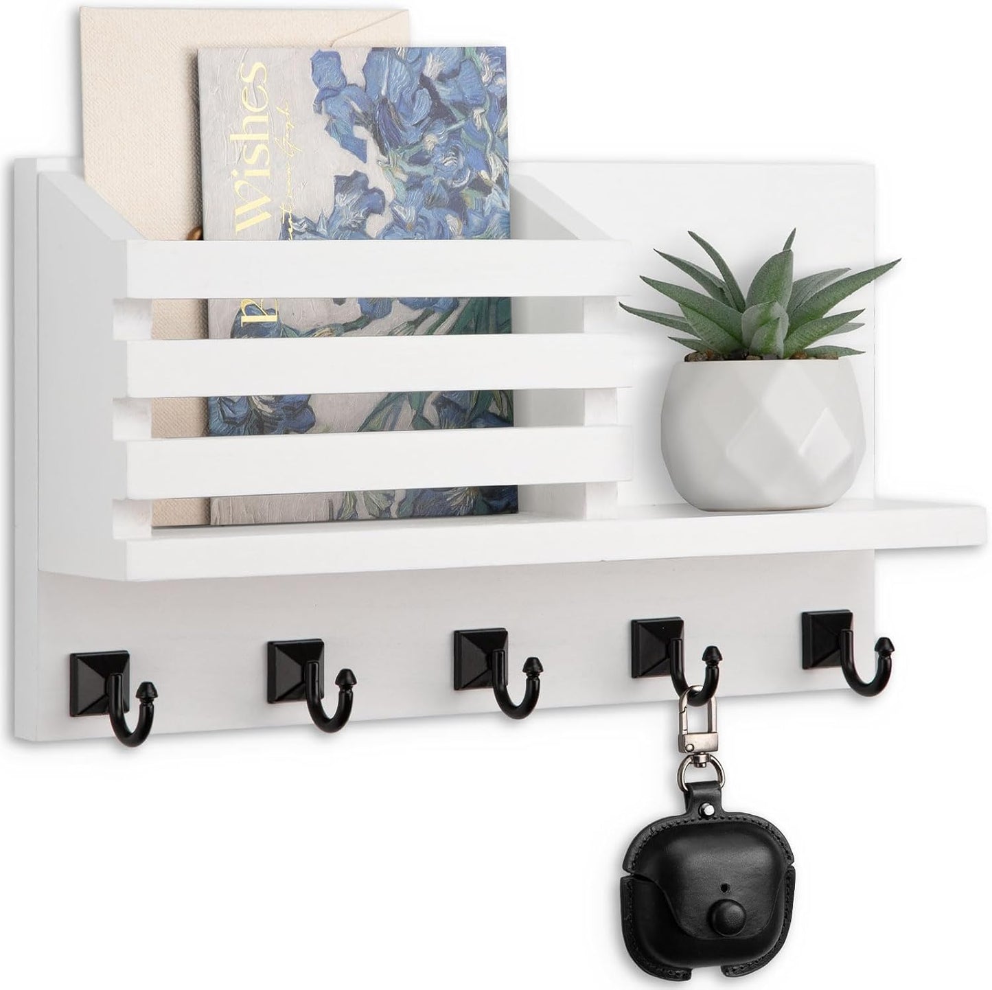 Key Holder Wall Mount, Mail Organizer for Wall with 5 Square Rustic Key Hooks Key Shelf Farmhouse Home Decor for Entryway