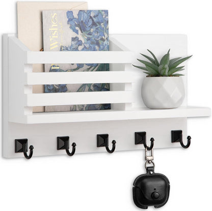 Key Holder Wall Mount, Mail Organizer for Wall with 5 Square Rustic Key Hooks Key Shelf Farmhouse Home Decor for Entryway