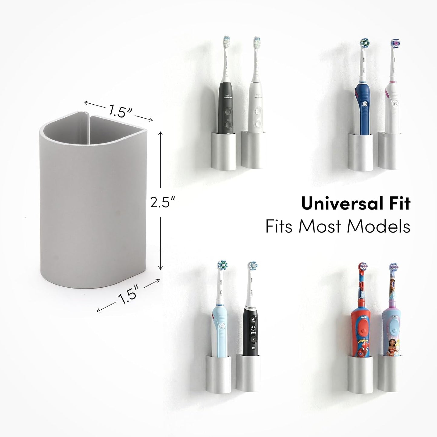 xympo Aluminum Electric Toothbrush Holder (2-Pack) – Wall Mount with Charging Cable Slot – Self Adhesive, Minimalist Design, Fits Most Electric Toothbrushes