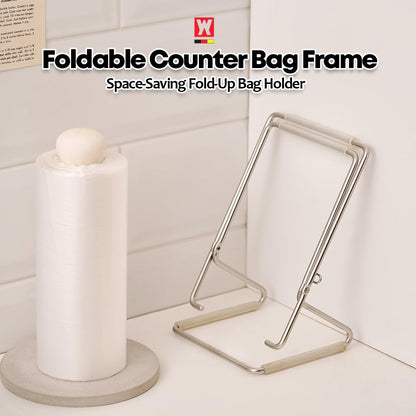 WAGENSTEIGER Foldable Stainless Steel Trash Bag Holder 13×17cm (5.12" × 6.69") Compact Countertop Waste Stand for Kitchen Food Prep, Desktop Use & Camping | Easy-Fold Space-Saving Bag Frame