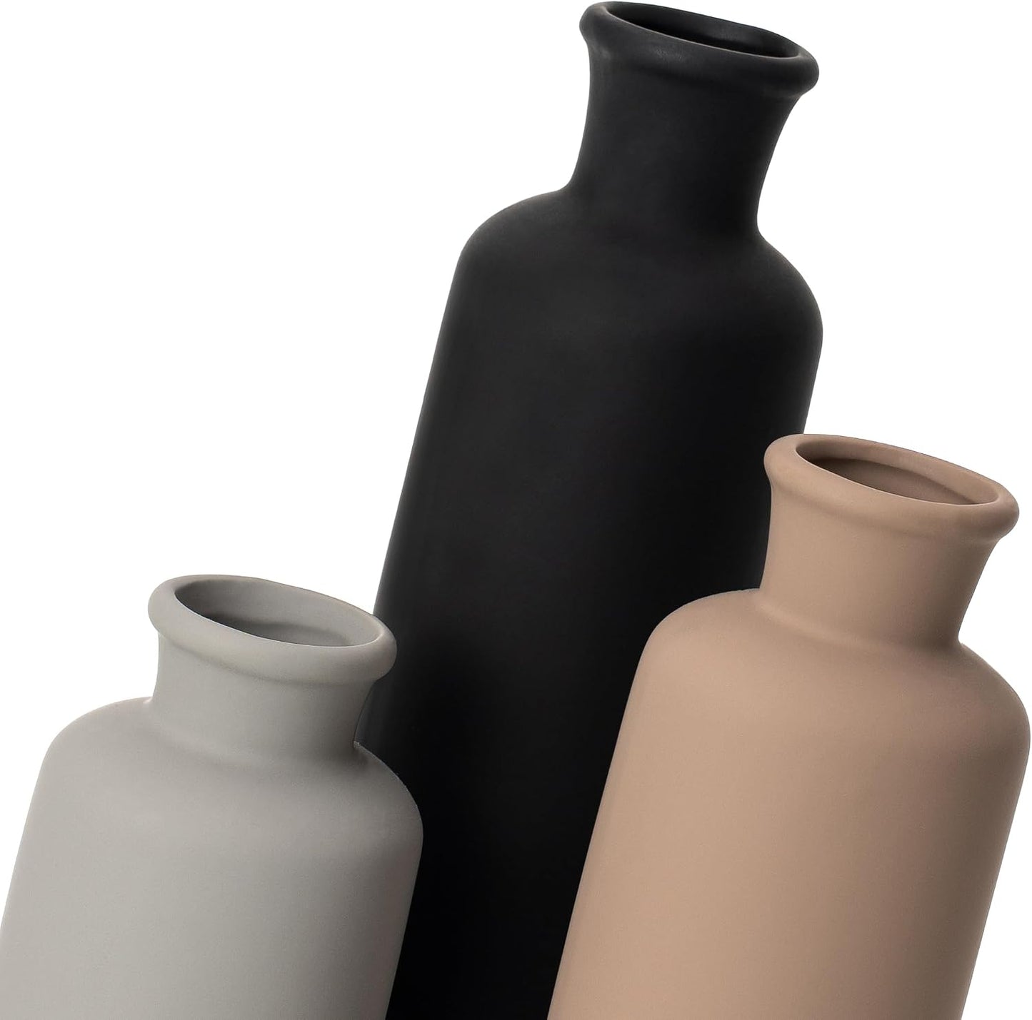 Ceramic Vase Set of 3, Modern Minimalist Neutral Home Decor, Boho Rustic Farmhouse Decorative Vases for Pampas Grass Dried Flowers | Table Centerpiece Entryway Mantel Bookshelf(Black Mix Set - Gray#1)