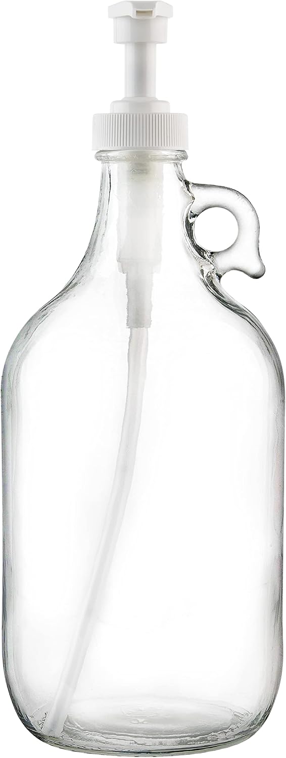 kitchentoolz Gallon Glass Pump Dispenser Bottle, Large Jug Laundry Liquid Detergent Dispenser with Pump for Laundry Room Organization, Soap, Fabric Softener, Commercial Condiment Dispenser- 128 oz