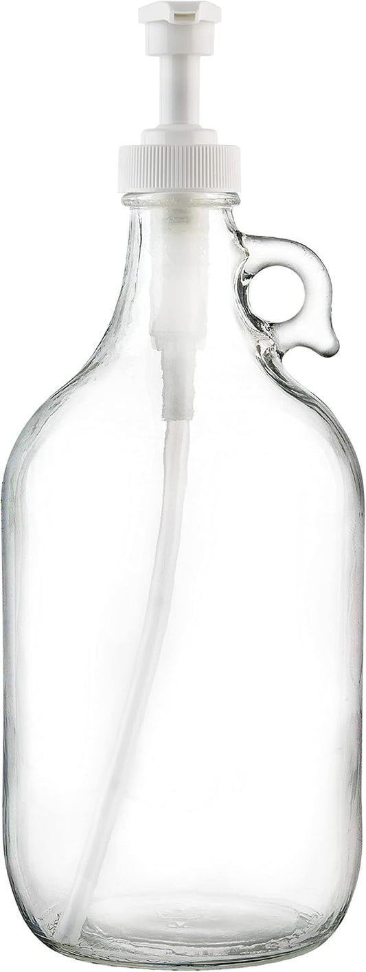 kitchentoolz Gallon Glass Pump Dispenser Bottle, Large Jug Laundry Liquid Detergent Dispenser with Pump for Laundry Room Organization, Soap, Fabric Softener, Commercial Condiment Dispenser- 128 oz
