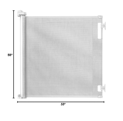 Retractable Baby Gate Perma Child Safety 33" Tall x 55” Wide, Mesh, for Stairs, Doorways, Dogs, Pets, Indoor, Outdoor, One-Handed Operation, Locking, Easy Install, Hardware Mount, White