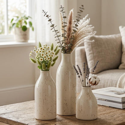 Ceramic Vase Set of 3, Small Flower Neutral Vases Home Decor, Pottery Rustic Farmhouse Decorative Vases, Modern Decor for Table Mantel Entryway Bookshelf Living Room Kitchen Bedroom
