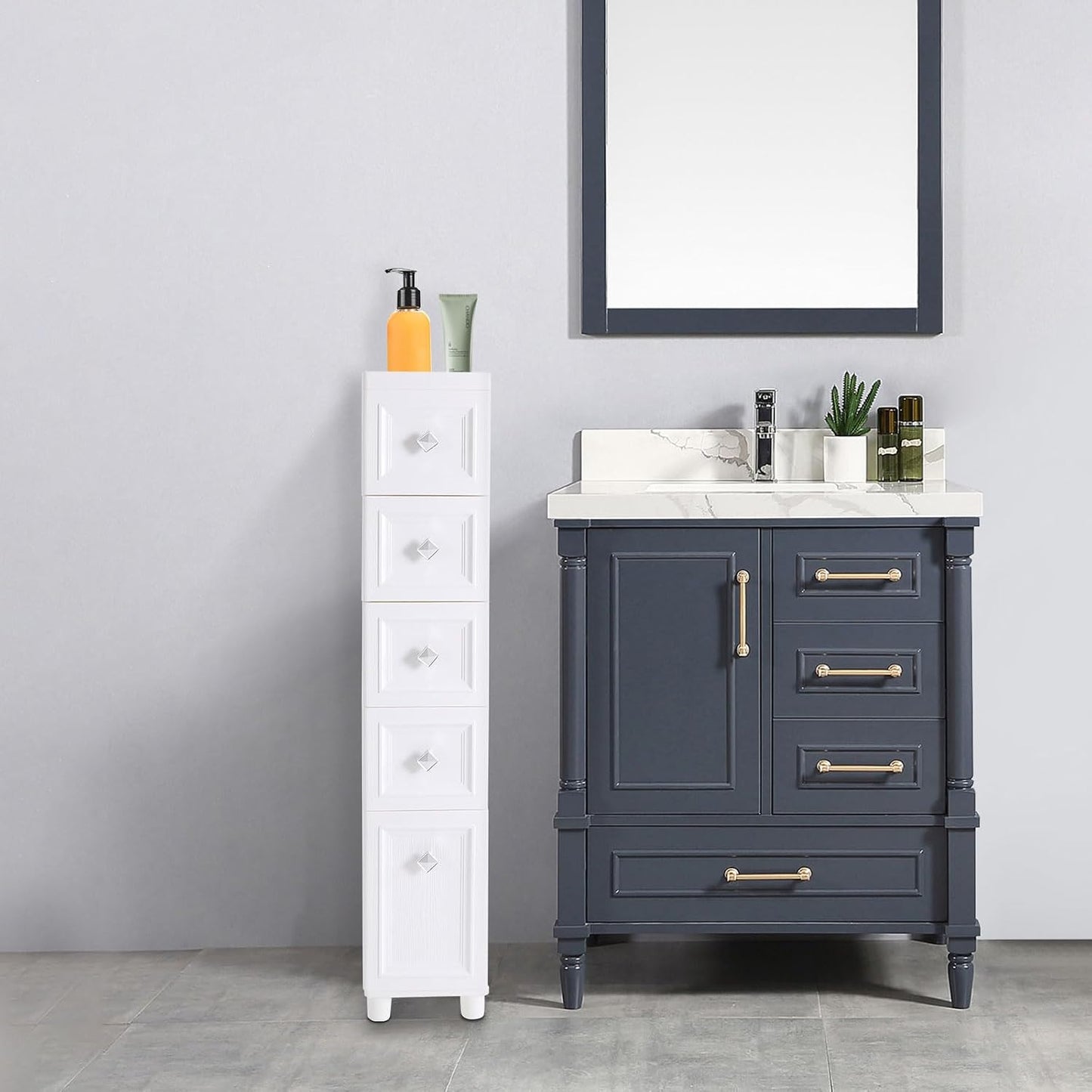 Slim Bathroom Storage Cabinet Freestanding Narrow Plastic Rolling Cart Bathroom Organizer with Drawers for Small Space Office, White (4-Tier)