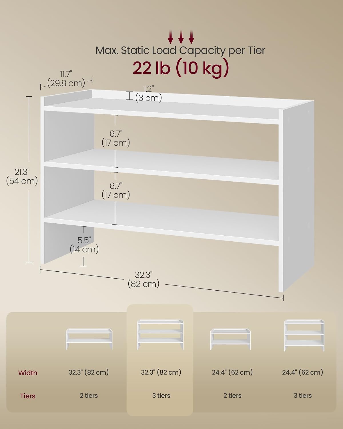 VASAGLE CUSTOS Collection - Shoe Rack for Closet, Stackable Shoe Organizer Shelf for Entryway, 2 Tiers, 11.7 x 24.4 x 14.2 Inches, White ULBS062WZ01S