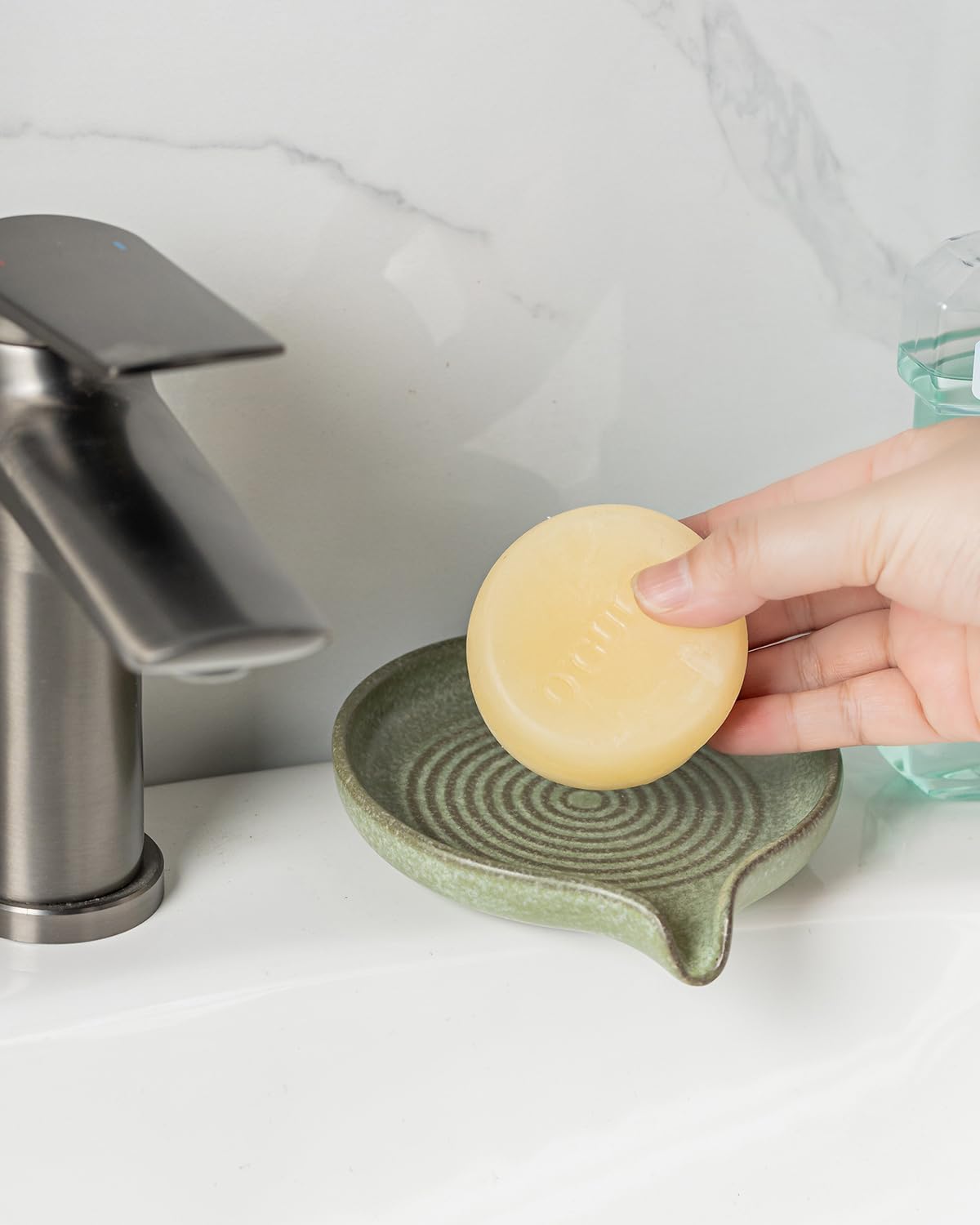 Self Draining Soap Dish, Ceramic Drain Soap Holder Waterfall Design Soap Saver for Shower, Bathroom, Sink, Kitchen and Countertop, Keeps Dry, Green