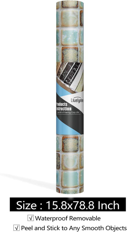 Livelynine Waterproof Wallpaper for Bathroom Shower Wall Decorative Contact Paper Self Adhesive for Furniture Stickers Kitchen Backsplash Tiles Peel and Stick Counter Removable Blue Mosaic 15.8"x78.8"