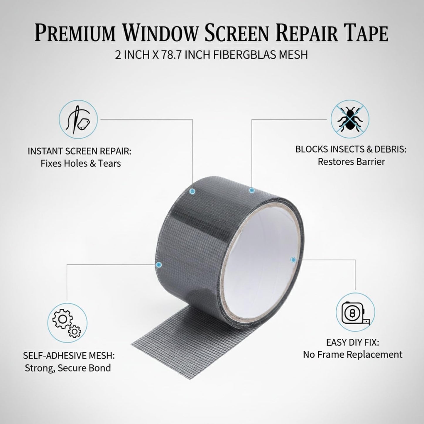 Self-Adhesive Window Screen Repair Tape, Fiberglass Mesh Patch for Holes & Tears, 2" x 78.7" Roll for Door and Window Screens