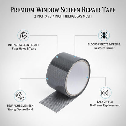 Self-Adhesive Window Screen Repair Tape, Fiberglass Mesh Patch for Holes & Tears, 2" x 78.7" Roll for Door and Window Screens