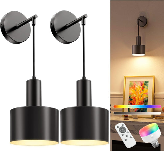 NIORSUN Battery Operated Wall Sconce Set of 2, Gold & Black Wireless Rechargeable Wall Lights with 5200mAh Dimmable Detachable Bulbs and Remote, 9 Colors Sconces Wall Decor for Bedroom Living Room