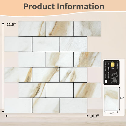 DICOFUN 10-Sheet Polished White Thick PVC Peel and Stick Backsplash, Ceramic Look Subway Tile White Kitchen Backsplash Peel and Stick Wall Tiles
