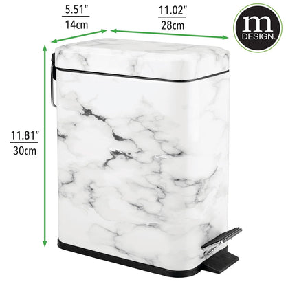 mDesign Metal Freestanding Slim Toilet Bowl Brush and Holder + Rectangle Narrow 5 Liter / 1.3 Gallon Step Pedal Trash Can Wastebasket for Bathroom - Small, Compact Design - Set of 2 - Brushed/Chrome