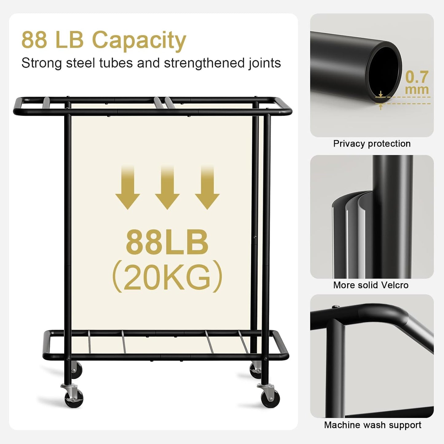 Double Laundry Hamper with Wheels,200L Rolling Laundry Basket 2 Section with Lid,Steel Frame Laundry Cart with Handle and Removable Bags,Dirty Clothes Hamper for Laundry Room,Dorm,Black