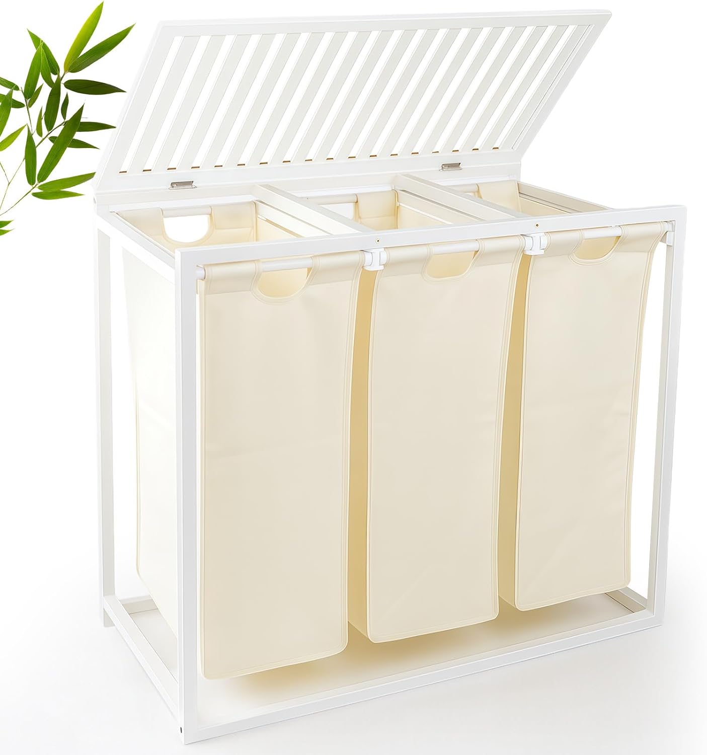 Bamboo Laundry Hamper 3 Section with Lid, 150L Laundry Sorter with Lockable Wheels, Pull-Out Removable Washable Bags, 3 × 12.5 Gal Divided Laundry Baskets for Laundry Room, Bathroom (White)