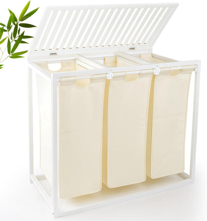 Bamboo Laundry Hamper 3 Section with Lid, 150L Laundry Sorter with Lockable Wheels, Pull-Out Removable Washable Bags, 3 × 12.5 Gal Divided Laundry Baskets for Laundry Room, Bathroom (White)
