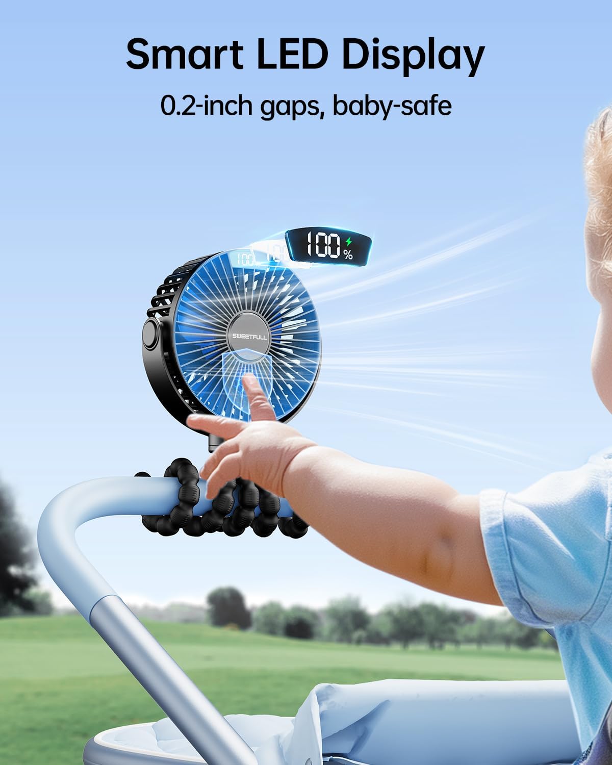 SWEETFULL [2026 Upgrade Portable Stroller Fan with LED Display, 4 Speed Rechargeable Mini Clip On Fan, 360° Rotate Flexible Tripod Better Cooling Small Baby Fan for Car Seat Crib Travel Treadmill