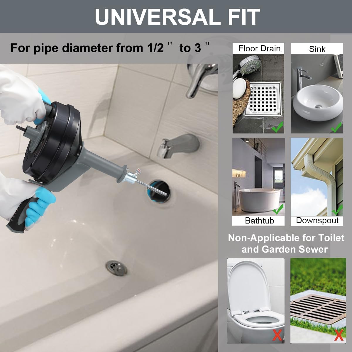 Drain Auger, Clog Remover with Drill Adapter, 25 Feet Flexible Plumbing Snake Use Manually or Powered for Kitchen, Bathroom and Shower Sink, Comes with Gloves (blue)