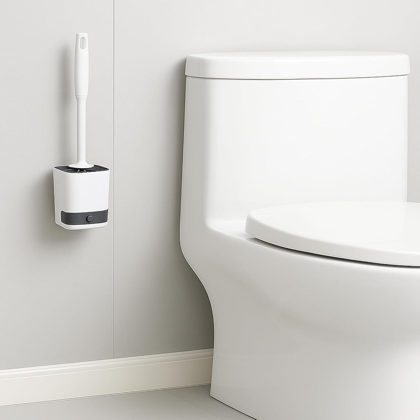 Silicone Toilet Brush with Holder – Wall-Mounted or Freestanding, No-Drill Adhesive Mount, Fast-Drying Ventilated Design with Drip Tray – Long Handle for Deep Cleaning, Compact for Small Bathrooms