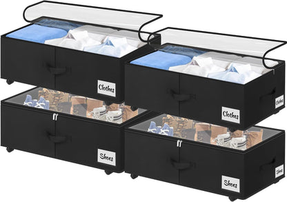 Under Bed Storage with Wheels, 2-Pack 10" Height XXL 75L Rolling Storage Bins, Quick Assembly Underbed Shoe Storage Containers with Clear Lid & Label, Dorm Under Bed Drawers for Clothes, Shoes, Black